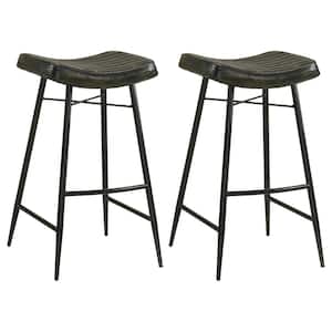 Bayu 31.25 in. H Antique Espresso and Black Backless Metal Bar Stool with Leather Saddle Seat Set of 2