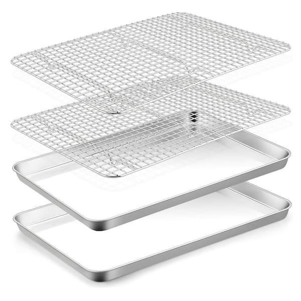 Stainless Steel Silver Baking Pan with Cooling Grid Rack Set Non-Toxic Heavy Duty Dishwasher Safe 4 Piece