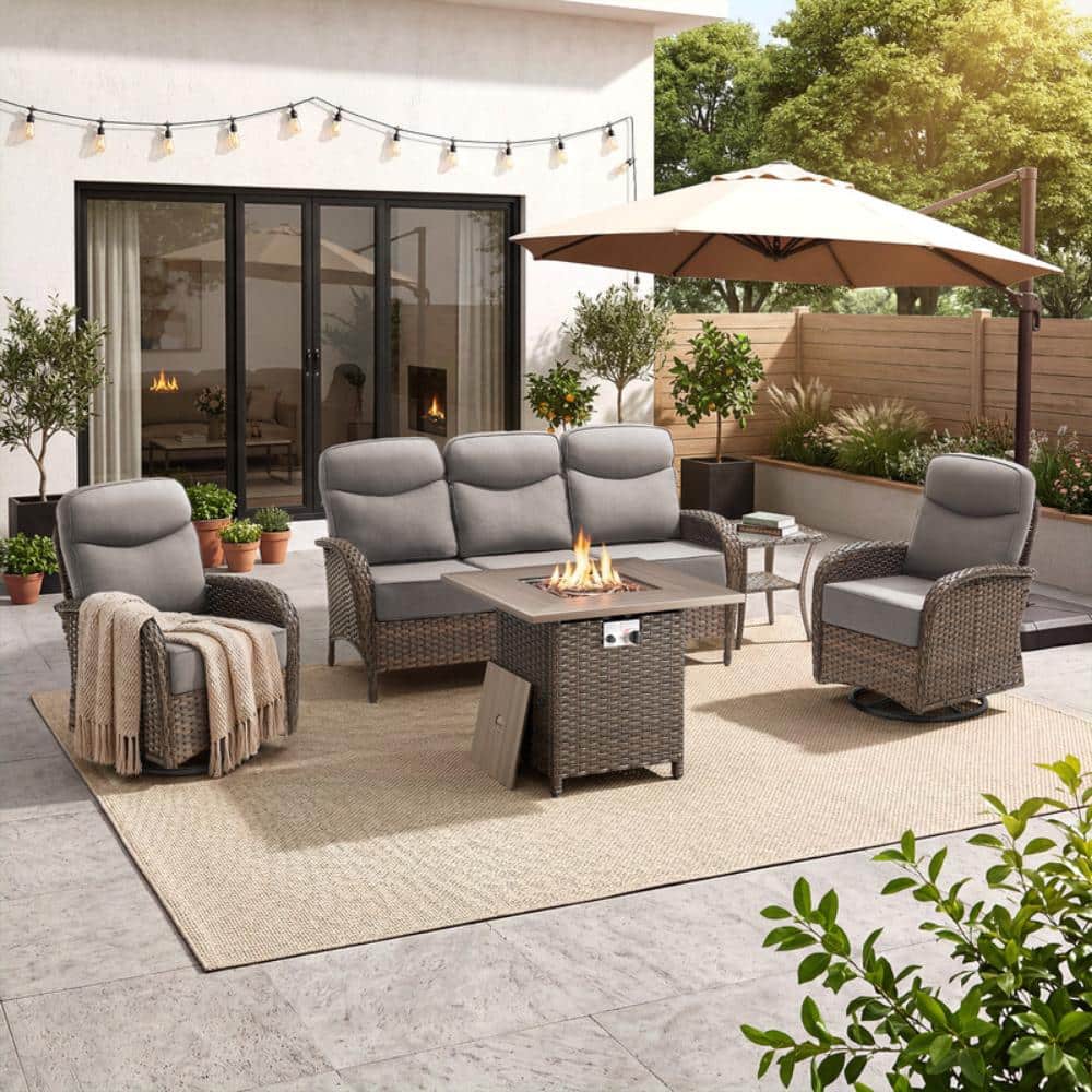 Rivieral Brown 5-Piece Wicker Outdoor Conversation Patio Fire Pit Set with 6 in. Gray Cushions and Swivel Glider Set price history on PriceWatchPro