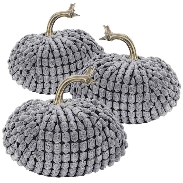 5.5 in. L x 5.5 in. W x 5 in. H Gray Chenille Weighted Pumpkin Set of 3, for Thanksgiving, Halloween, and Home Decor
