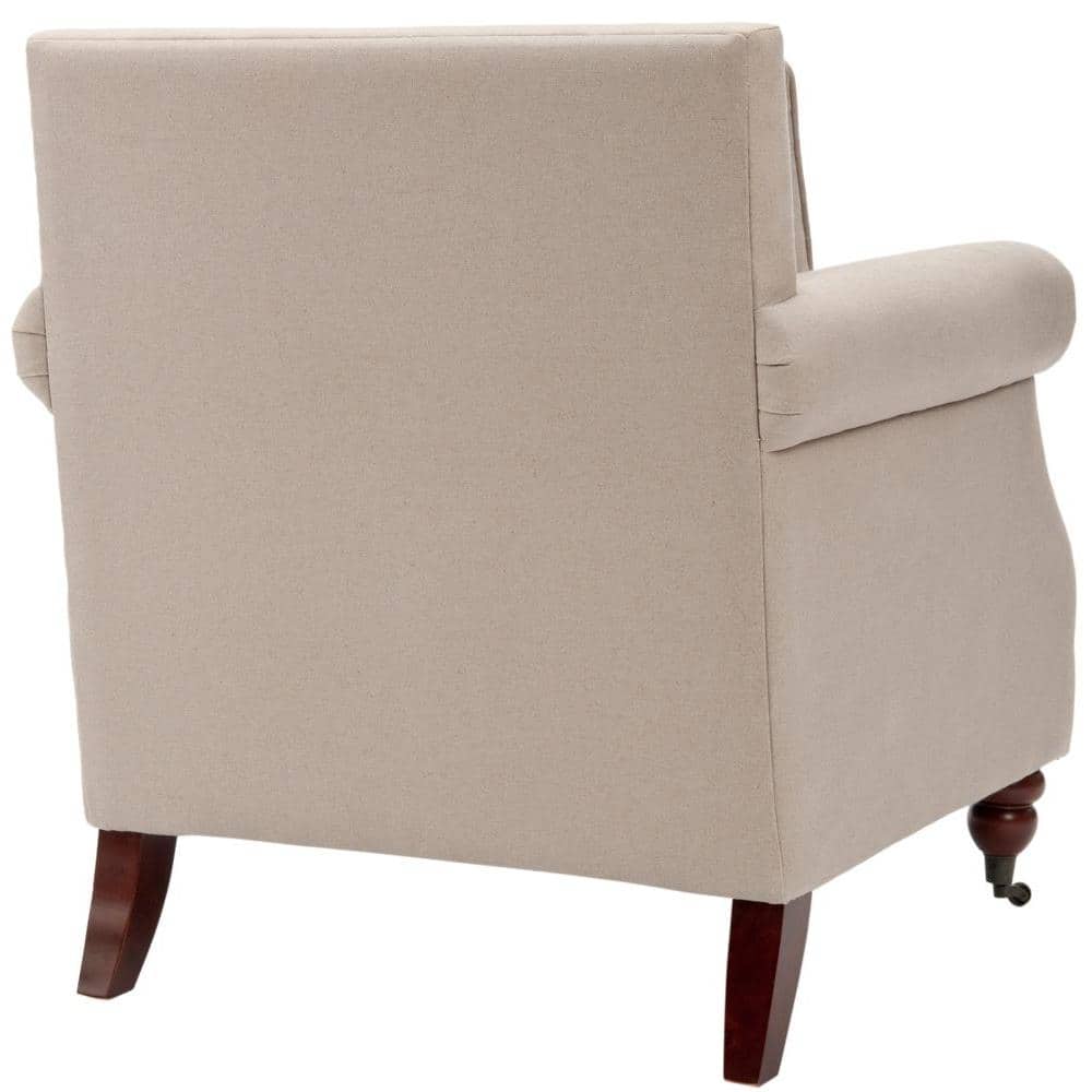 Beige Linen Arm Chair with Dark Cherry Wood Legs