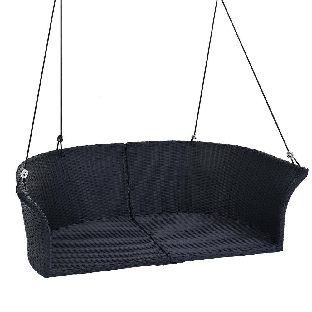 Black Wicker and White Cushion 2-Person Porch Swing