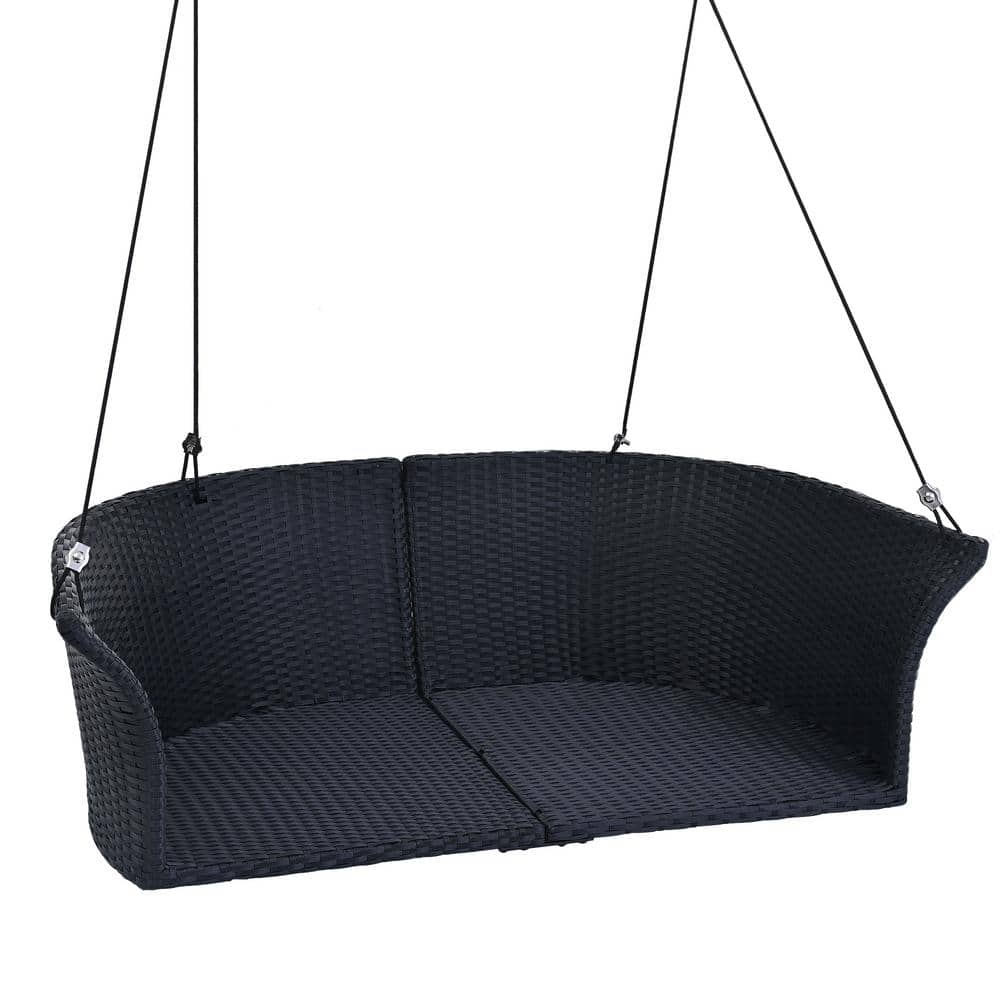 Black Wicker and White Cushion 2-Person Porch Swing