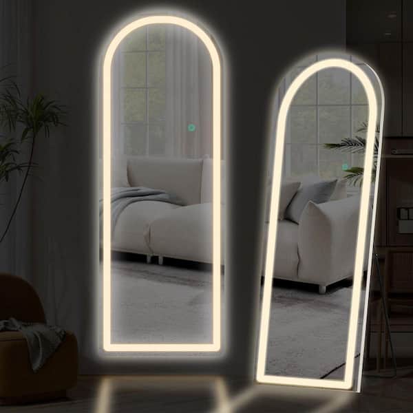 Elegant Silver 26 in. W x 71 in. H Arched Aluminum Alloy Frame Floor Mirror with 3-Color Dimming LED Light