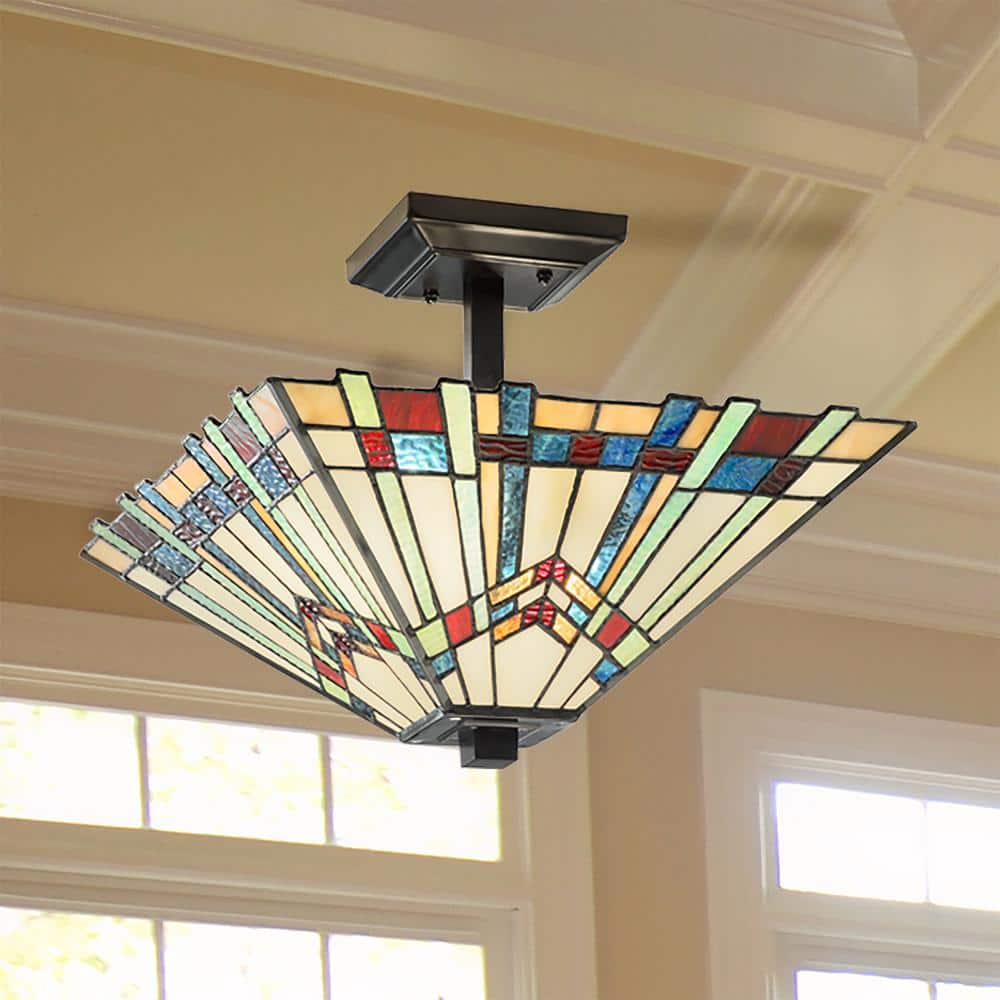 Mission-Inspired 18'' Tiffany Style Stained Glass Semi-Flush Mount in Oil-Rubbed Bronze