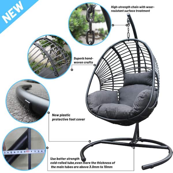 Wicker Black Indoor/Patio Swing Egg Chair Yard Lounge Chair with Dark Gray Cushion