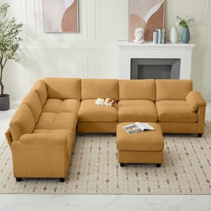 115 in. Corduroy Modular L Shaped Yellow 7 Seat Sectional Sofa with Two Ottomans for Living Room and Spacious Space