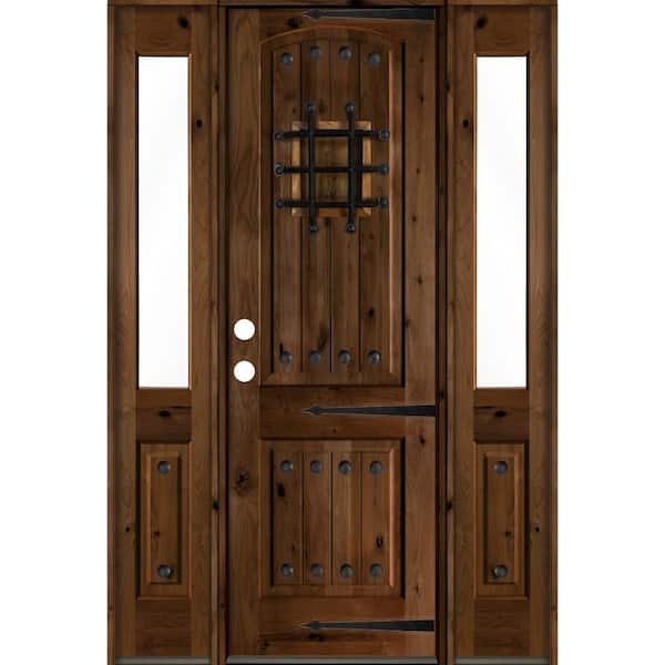 Krosswood Doors 58 in. x 96 in. Medit. Knotty Alder Right-Hand/Inswing Clear Glass Provincial Stain Wood Prehung Front Door w/DHSL