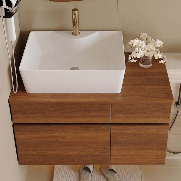 31.5 in. Wall Mounted Single Sink Walnut Bath Vanity with Wood Top and Ceramic Vessel Sink (Self Assembly Needed)