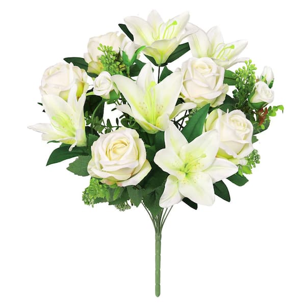 LIVING LUXURY 18 in. Cream White Artificial Mixed Rose Stargazer Lily Flower Stem Bush Bouquet (Set of 2)