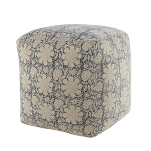 20 in. White/Navy Bohemian Cottage Floral Cube Pouf
