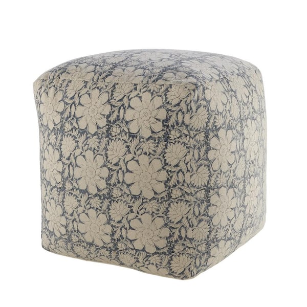 LR Home 20 in. White/Navy Bohemian Cottage Floral Cube Pouf