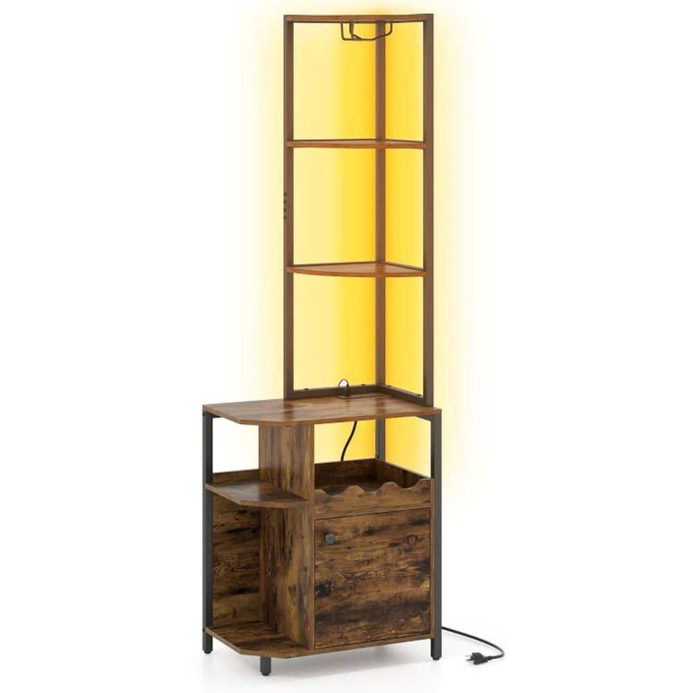 Clihome Brown MDF Corner Bar Buffet with LED Lights, Charging Station