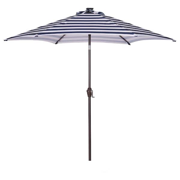 Boosicavelly 8.7 ft. Outdoor Patio Blue White Stripes Metal Market Table Umbrella With 24 LED Lights