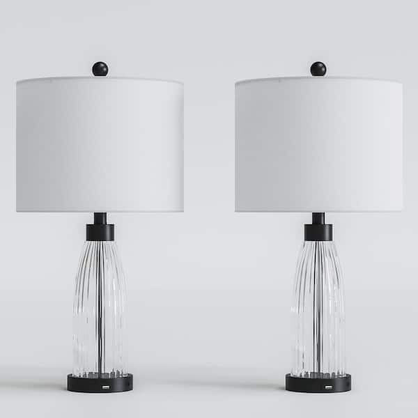 Maxax Denver 25 in. Clear Glass Table Lamp with White Linen Lampshade/USBPort. (2-Pack)