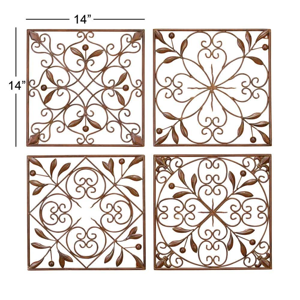 Rustic Brown Metal Scroll Wall Sculpture Set of 4