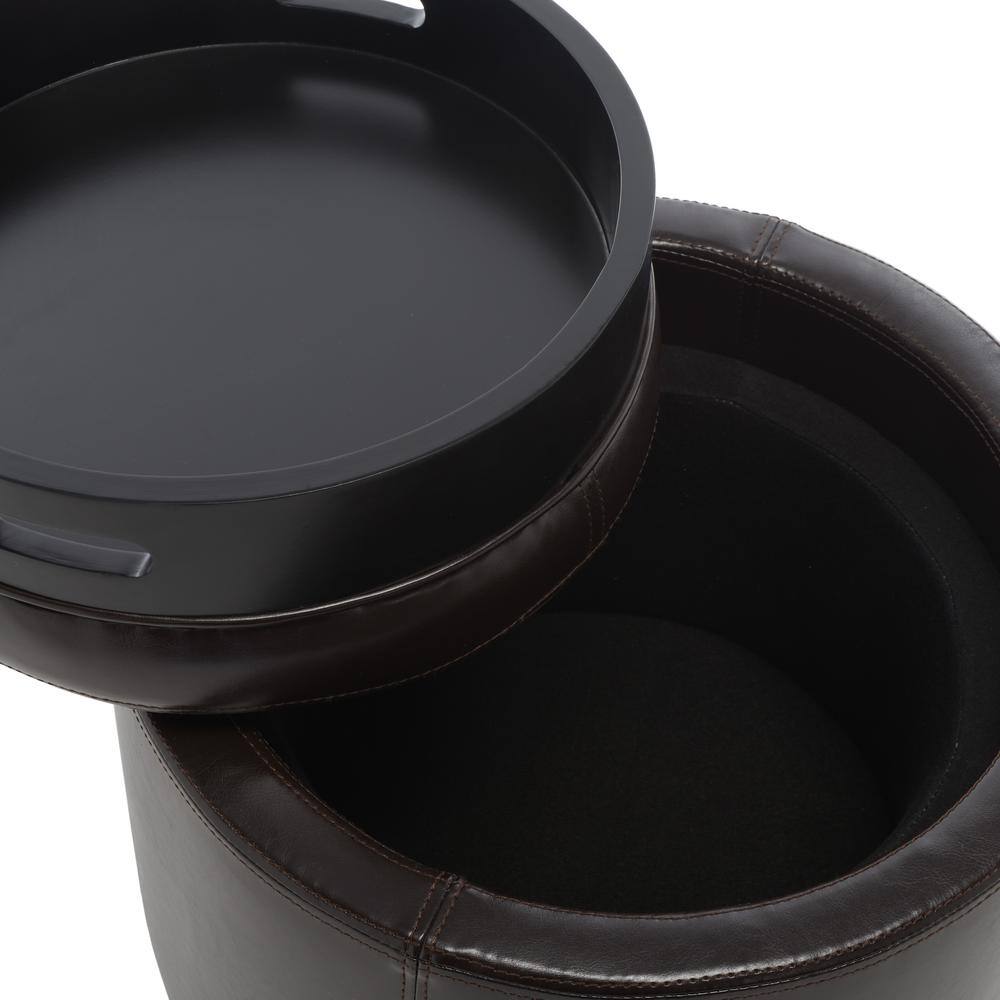 Transitional Cordovan Round Ottoman with Storage Tray