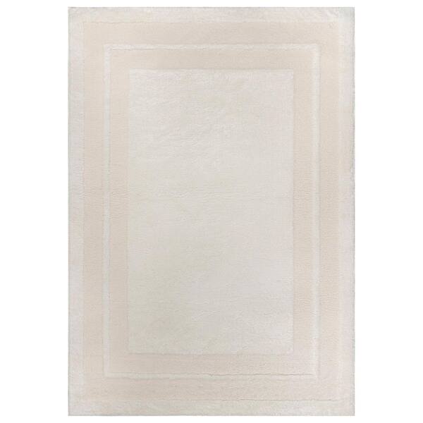 Solid Framed Border Power Loomed Soft Shag High-Low Indoor 4 ft. x 6 ft. White Area Rug