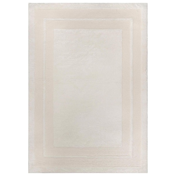 Solid Framed Border Power Loomed Soft Shag High-Low Indoor 5 ft. x 7 ft. White Area Rug