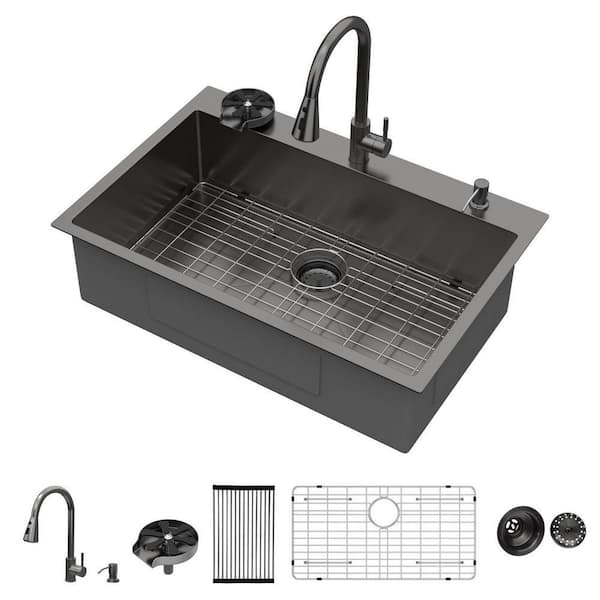 33 in. Drop-in Topmount Sink Single Bowl 16 Gauge Gunmetal Black Stainless Steel Kitchen Sink with Pull Down Faucet