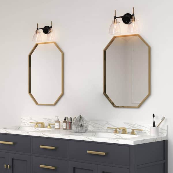 13 in. 2-Light Black Bathroom Vanity Light, Mid-Century Modern Bath Lighting, Brass Gold Wall Sconce with Clear Glass