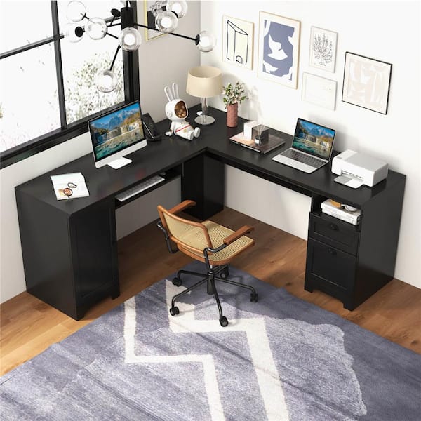 L Shape Desk with File Drawer, 66” Computer Corner Desk with Hutch, Storage  Shelves, Printer Cabinet and Monitor Shelf, Computer Table Writing Desk  Workstation for Home Office, Black – Built to Order