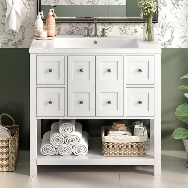 Hampton 36 in. W x 18 in. D x 34 in. H Bathroom Vanity in White with White Carrara Marble Top with White Sink