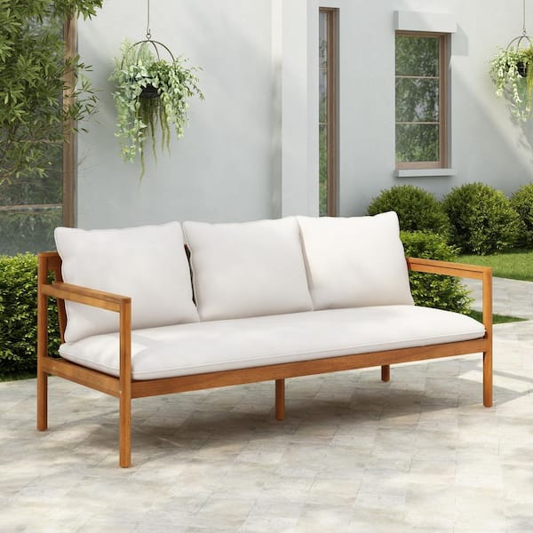 Alexis Teak Finish Acacia Wood Patio 3 Seater Sofa Outdoor Couch with Cream Cushions and Rope Weave Backrest