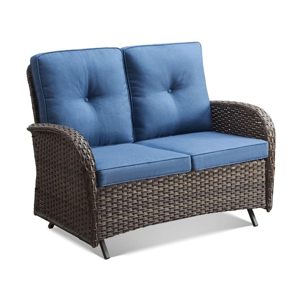 Rotavia 2-Person Brown PE Wicker Patio Outdoor Glider with Olefin Blue Cushions Outdoor Rattan Rocking Loveseat price history on PriceWatchPro