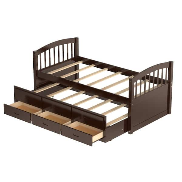 GODEER Espresso Twin over Twin Wood Bunk Bed with Trundle and