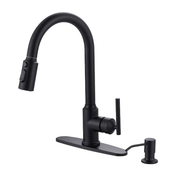 15.3 in. Single Handle 360° Pull Down Sprayer Kitchen Faucet with Soap Dispenser and Deck Plate in Matte Black