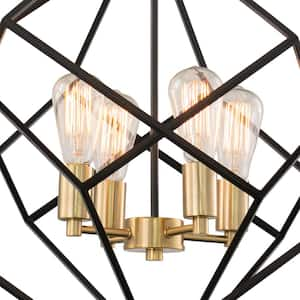 Rad 23.5 in. W 4-Light Geometric Black and Brass Pendant Cage Light