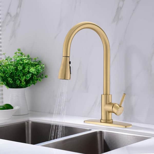 Single-Handle Pull-Down Sprayer Kitchen Faucet Faucet with Button control 360° Spout Swivel Power Clean in Brushed Gold