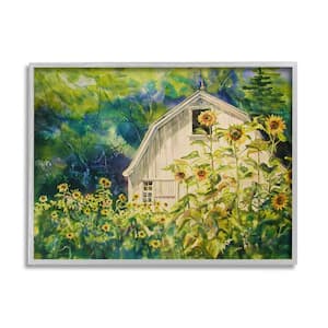 Peaceful Sunflower Field Countryside Woodlands Barn by MB Cunningham Framed Architecture Art Print 30 in. x 24 in.