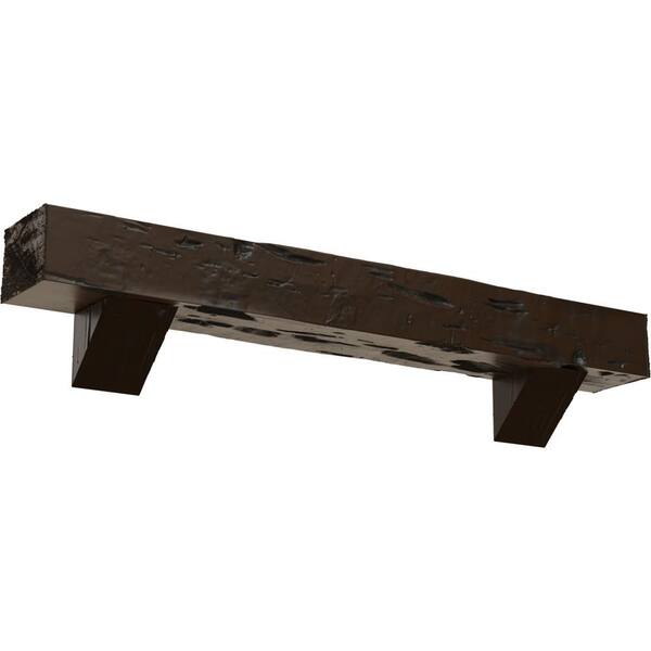 Ekena Millwork 8 in. x 8 in. x 5 ft. Pecky Cypress Faux Wood Fireplace Mantel Kit, Breckinridge Corbels, Burnished Mahogany