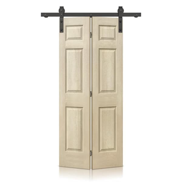 CALHOME 24 in. x 80 in. Vintage Cream Stain 6 Panel MDF Composite Hollow Core Bi-Fold Barn Door with Sliding Hardware Kit