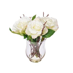 10 in. White Artificial Rose Floral Arrangement in Glass Vase