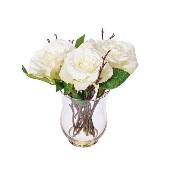 Vickerman 10 in. White Artificial Rose Floral Arrangement in Glass Vase