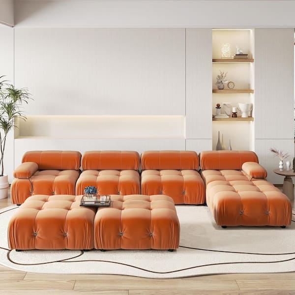 Chameleon 138 in. Square Arm 7-piece Modern Velvet Modular Combination Sectional Sofa Couch with 3 Ottomans in Orange