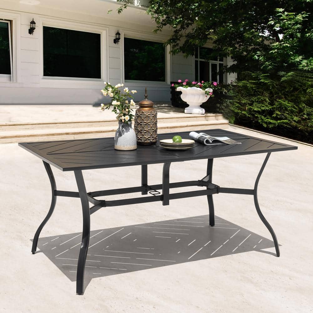 Black Powder-Coated Iron Outdoor Dining Table with Umbrella Hole