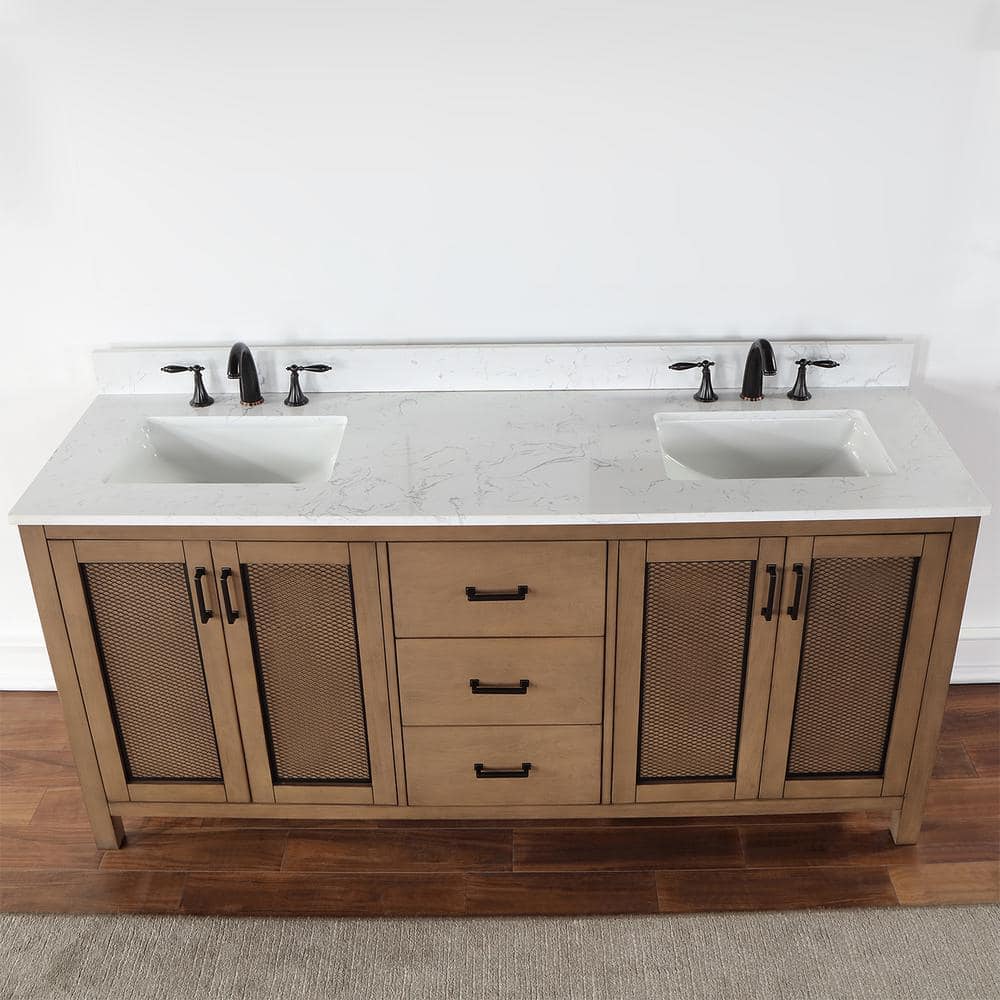 Hadiya 72" Brown Pine Double Vanity with White Stone Countertop