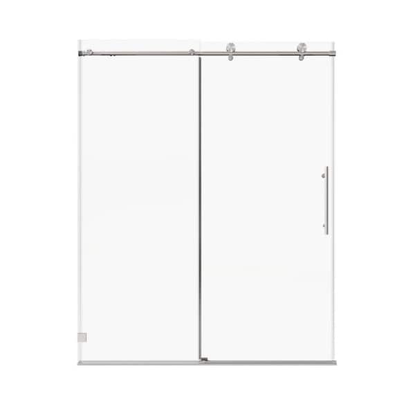 60 in. W x 74 in. H Single Sliding Frameless 5/16 in. SGCC Clear Tempered Glass Soft-Close Shower Door in Brushed Nickel