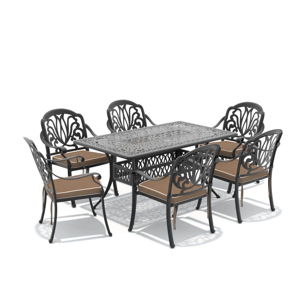 Black 7-Piece Cast aluminum Patio Outdoor Dining Set with Rectangle Table and Cast aluminum Chairs with Brown Cushions price history on PriceWatchPro