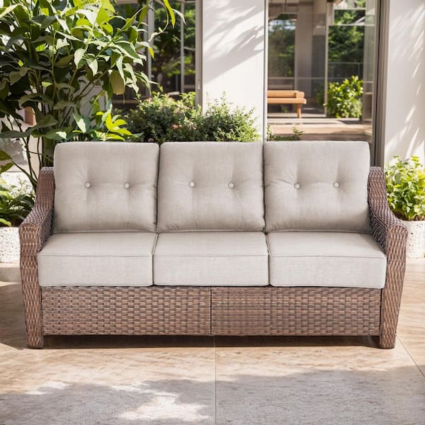 Artisan Brown Wicker Outdoor 3-Seat Couch with High Curved Back and 6 in. Thick Beige Cushions