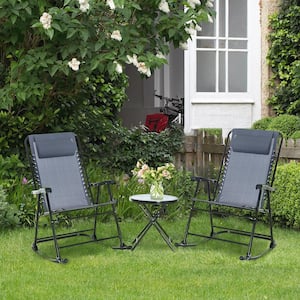 3-Piece Gray Metal Outdoor Rocking Chair, Patio Folding Chair Table Set with Glass Coffee Table for Yard, Patio, Deck