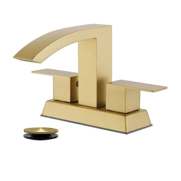 304 Stainless Steel 4 in. Centerset Double Handle Bathroom Faucet with Drain Kit Included in Gold