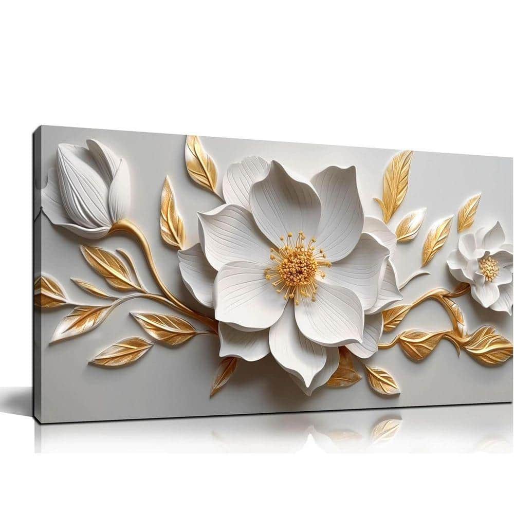 ❁181881❁ 20 in. x 40 in. Framed White and Gold Flower Canvas Wall Art for