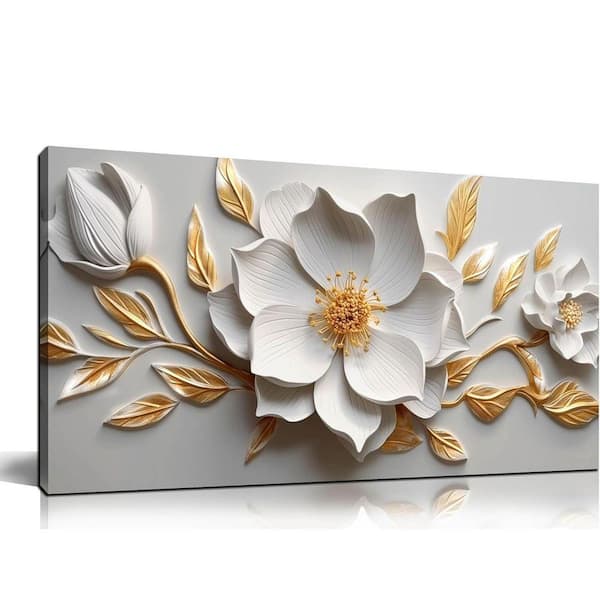 20 in. x 40 in. Framed White and Gold Flower Canvas Wall Art for Living Room, Bedroom and Office Decor
