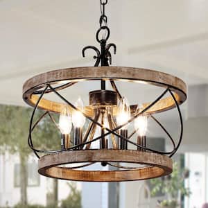Mid-Century 5-Light Weathered Wood Caged Ceiling Light Chandelier with Dimmable Length