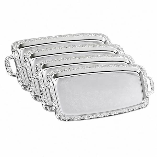 4-Piece 16.5 in. W x 0.8 in. H x 9.8 in. D Silver Stainless Steel Serving Trays with Handles for Wedding Party BBQ